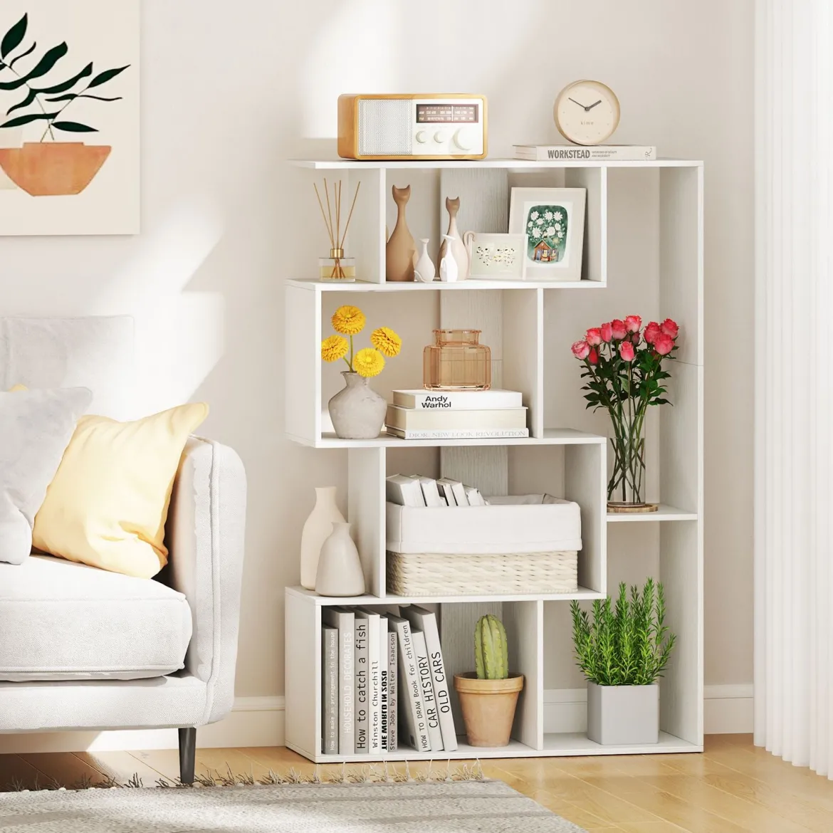 Offene geometrische Bücherregal 6-Würfel großes Bücherregal mit Kippsicherungen Bodenorganizer Display Regal Weiß