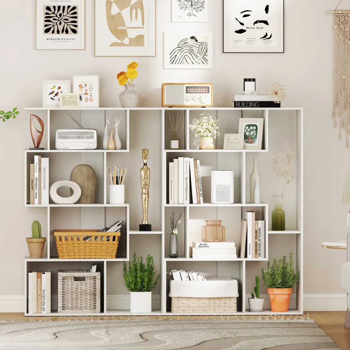 Offene geometrische Bücherregal 6-Würfel großes Bücherregal mit Kippsicherungen Bodenorganizer Display Regal Weiß