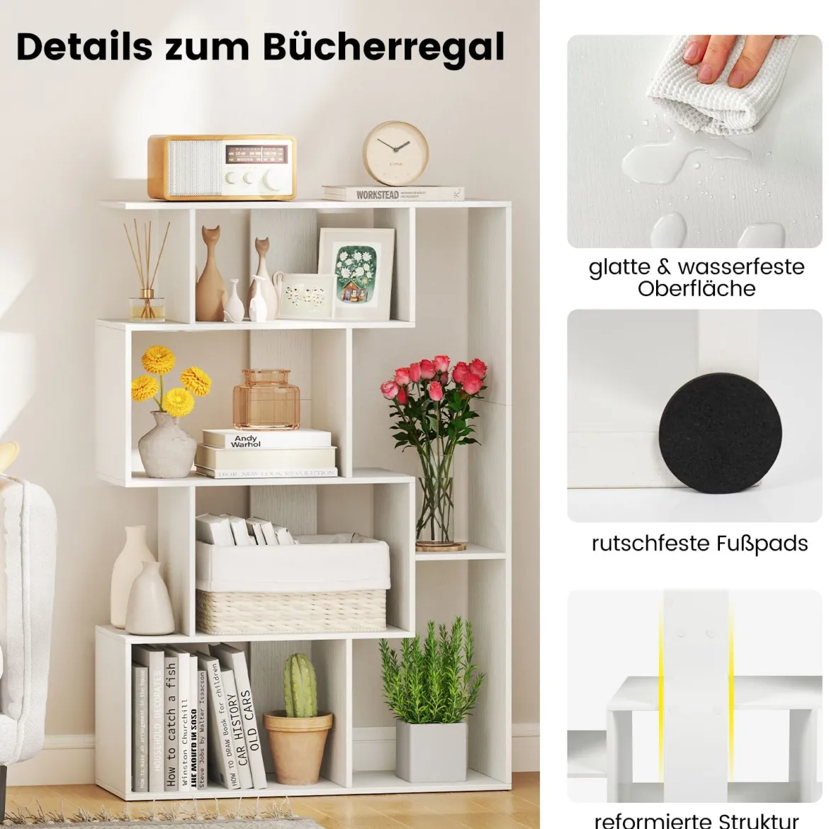 Offene geometrische Bücherregal 6-Würfel großes Bücherregal mit Kippsicherungen Bodenorganizer Display Regal Weiß