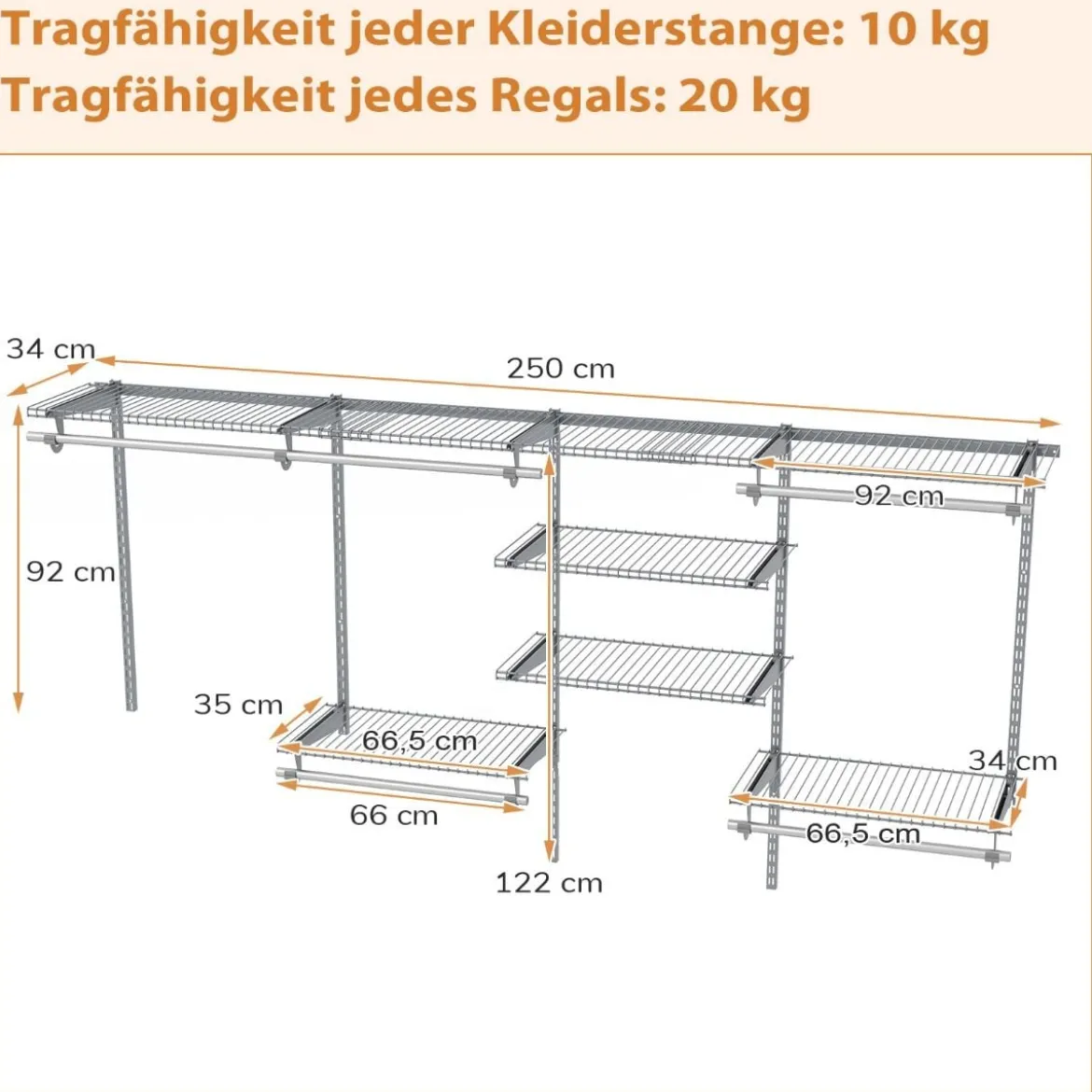 Offener Kleiderschrank 122 - 244 cm Erweiterbare Wandgarderobe DIY Aufbewahrungssystem Weiß/Grau