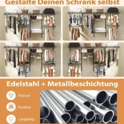 Offener Kleiderschrank 122 - 244 cm Erweiterbare Wandgarderobe DIY Aufbewahrungssystem Weiß/Grau