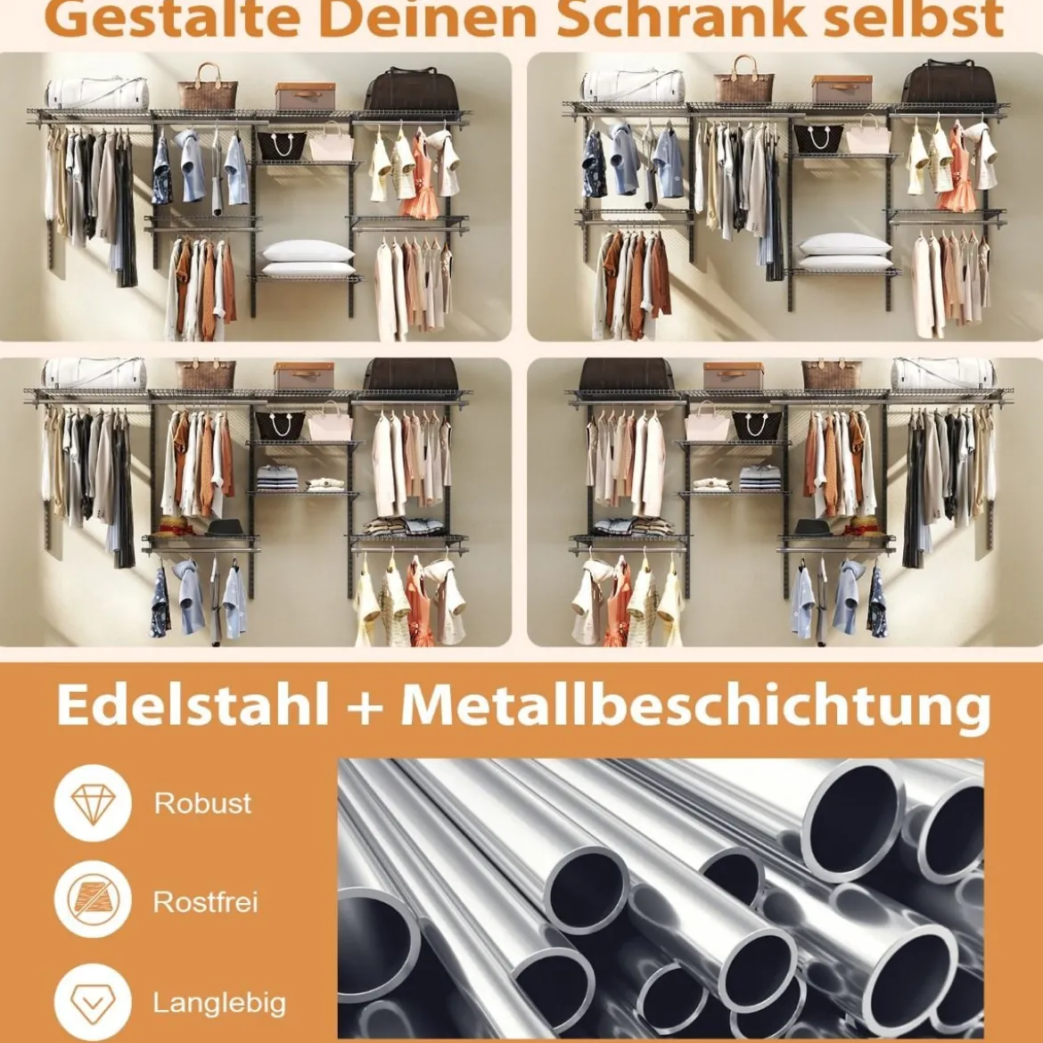 Offener Kleiderschrank 122 - 244 cm Erweiterbare Wandgarderobe DIY Aufbewahrungssystem Weiß/Grau