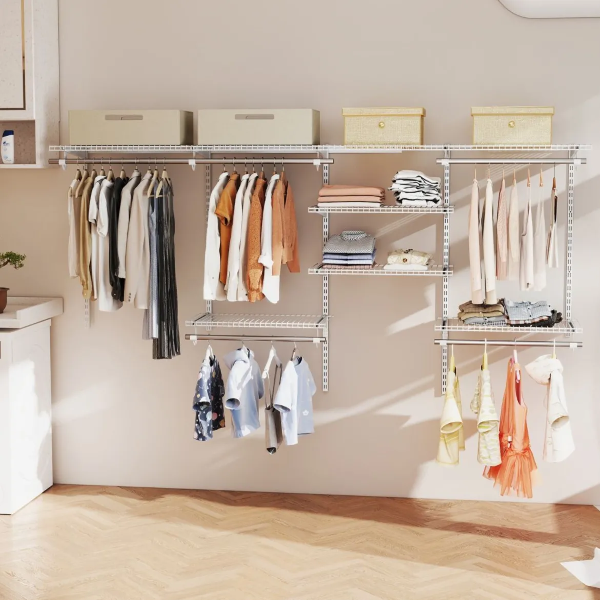 Offener Kleiderschrank 122 - 244 cm Erweiterbare Wandgarderobe DIY Aufbewahrungssystem Weiß/Grau