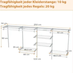 Offener Kleiderschrank 122 - 244 cm Erweiterbare Wandgarderobe DIY Aufbewahrungssystem Weiß/Grau