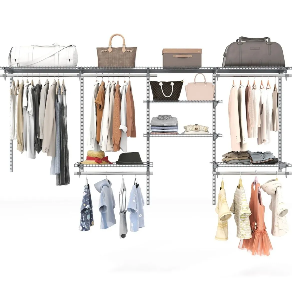 Offener Kleiderschrank 122 - 244 cm Erweiterbare Wandgarderobe DIY Aufbewahrungssystem Weiß/Grau