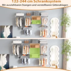 Offener Kleiderschrank 122 - 244 cm Erweiterbare Wandgarderobe DIY Aufbewahrungssystem Weiß/Grau