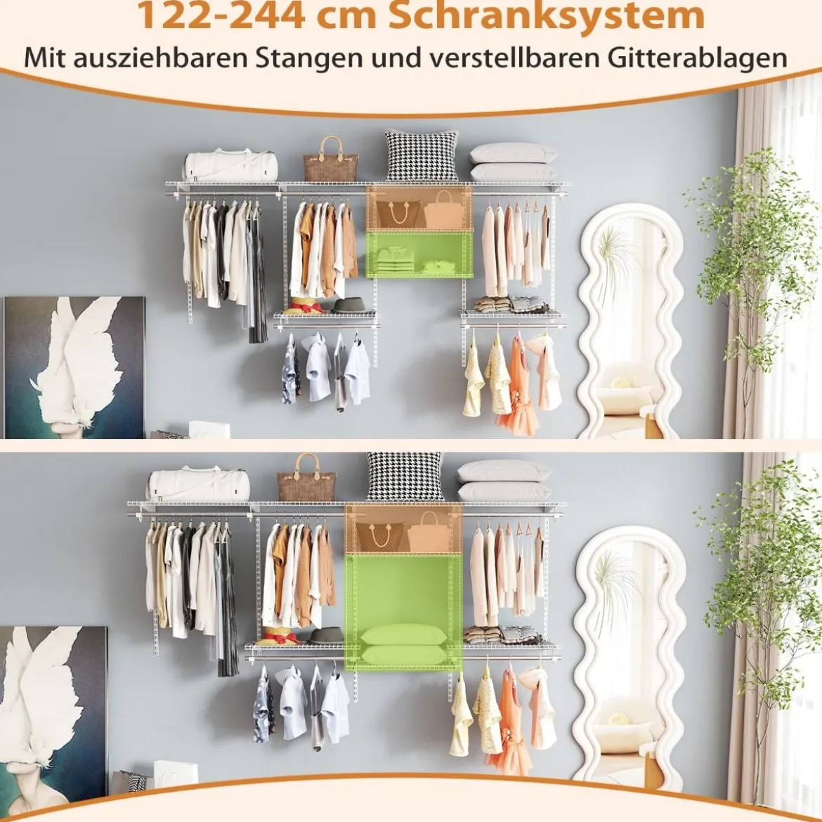 Offener Kleiderschrank 122 - 244 cm Erweiterbare Wandgarderobe DIY Aufbewahrungssystem Weiß/Grau
