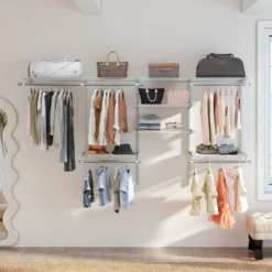 Offener Kleiderschrank 122 - 244 cm Erweiterbare Wandgarderobe DIY Aufbewahrungssystem Weiß/Grau