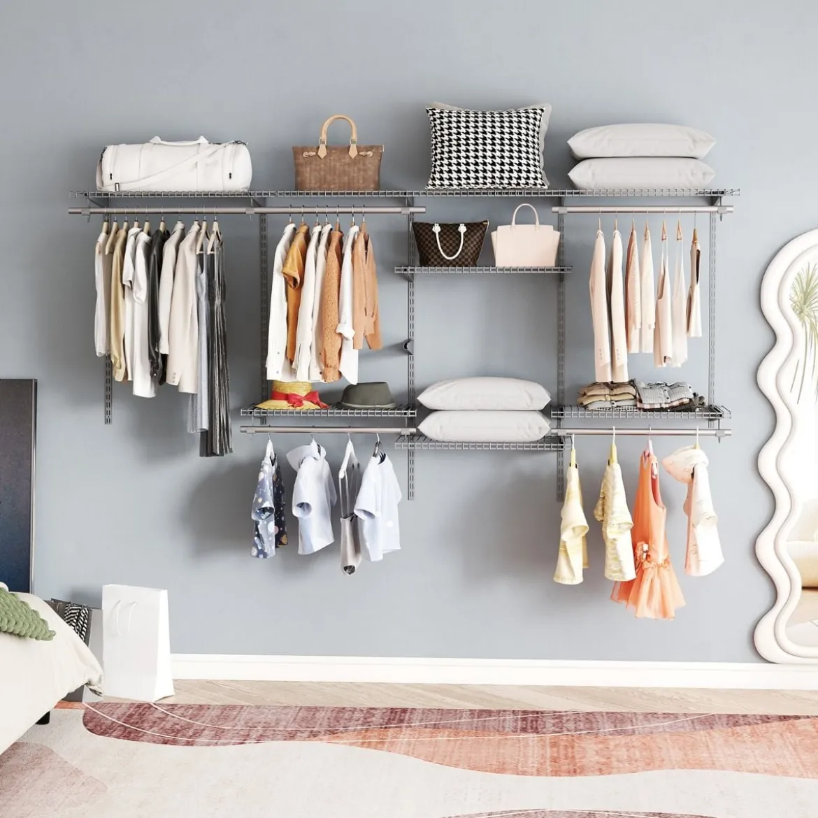 Offener Kleiderschrank 122 - 244 cm Erweiterbare Wandgarderobe DIY Aufbewahrungssystem Weiß/Grau