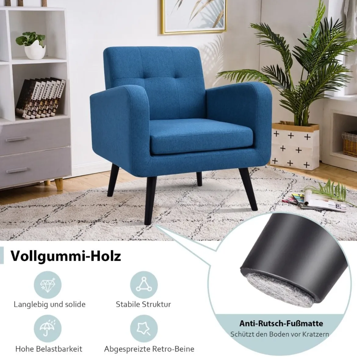 Ohrensessel mit Armlehnen & Beinen aus Massivem Gummiholz Lesesessel Fernsehsessel Blau