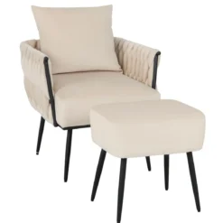 Ohrensessel mit Hocker Sessel mit weichem Kissen geflochtener Rückenlehne 58 cm Sitztiefe Weiß