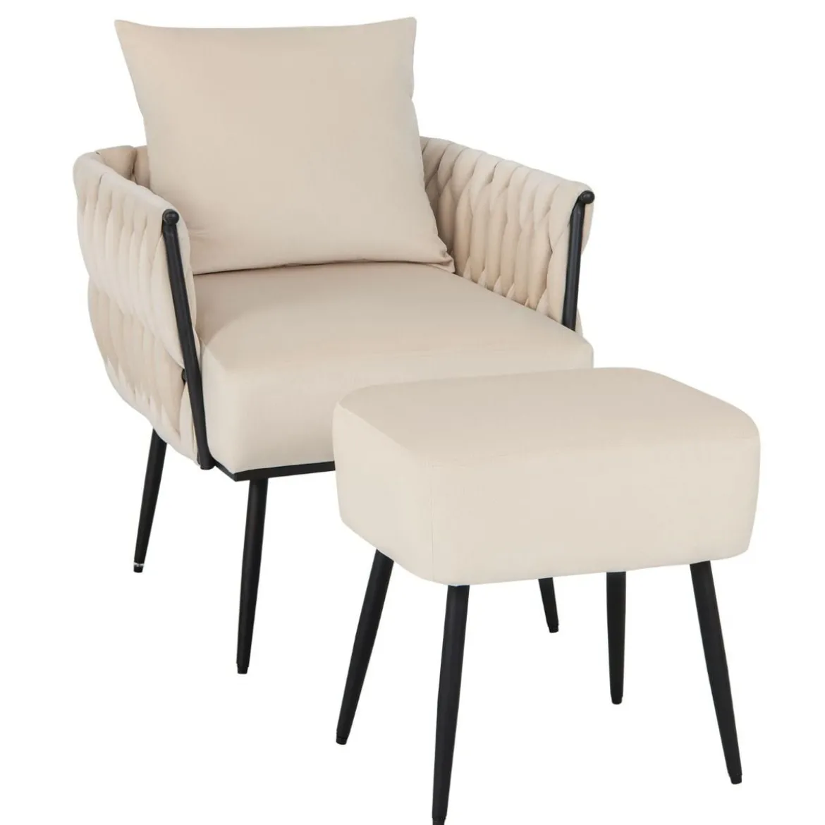 Ohrensessel mit Hocker Sessel mit weichem Kissen geflochtener Rückenlehne 58 cm Sitztiefe Weiß