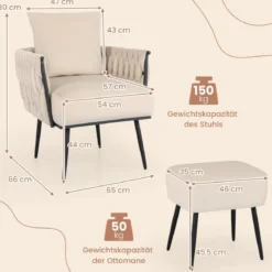 Ohrensessel mit Hocker Sessel mit weichem Kissen geflochtener Rückenlehne 58 cm Sitztiefe Weiß