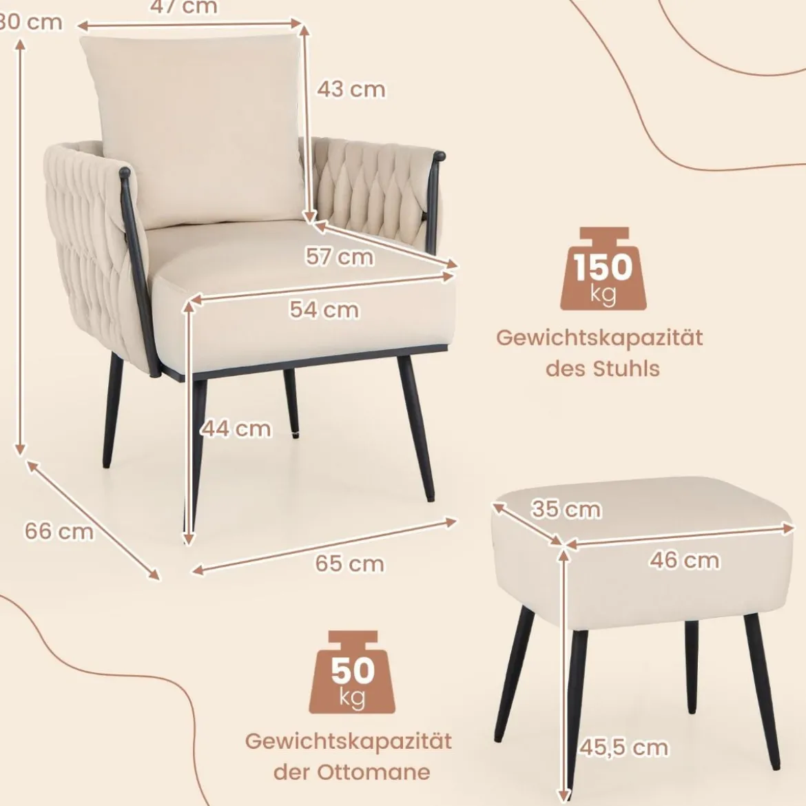 Ohrensessel mit Hocker Sessel mit weichem Kissen geflochtener Rückenlehne 58 cm Sitztiefe Weiß