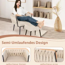 Ohrensessel mit Hocker Sessel mit weichem Kissen geflochtener Rückenlehne 58 cm Sitztiefe Weiß