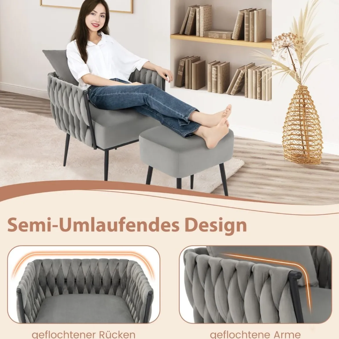 Ohrensessel mit Hocker Sessel mit weichem Kissen geflochtener Rückenlehne 58 cm Sitztiefe Grau