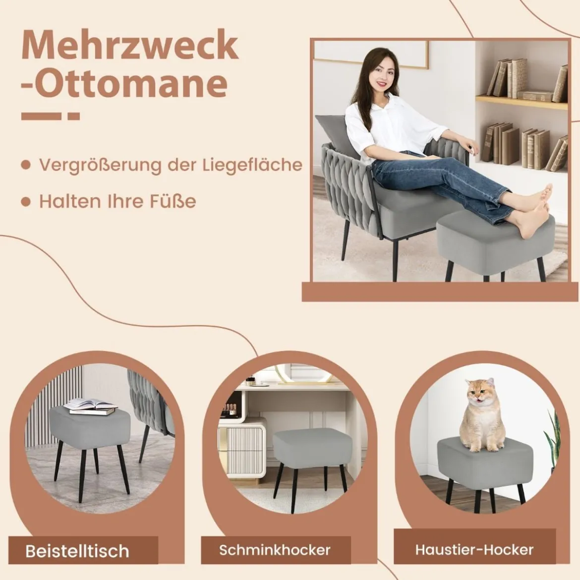 Ohrensessel mit Hocker Sessel mit weichem Kissen geflochtener Rückenlehne 58 cm Sitztiefe Grau