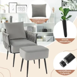 Ohrensessel mit Hocker Sessel mit weichem Kissen geflochtener Rückenlehne 58 cm Sitztiefe Grau