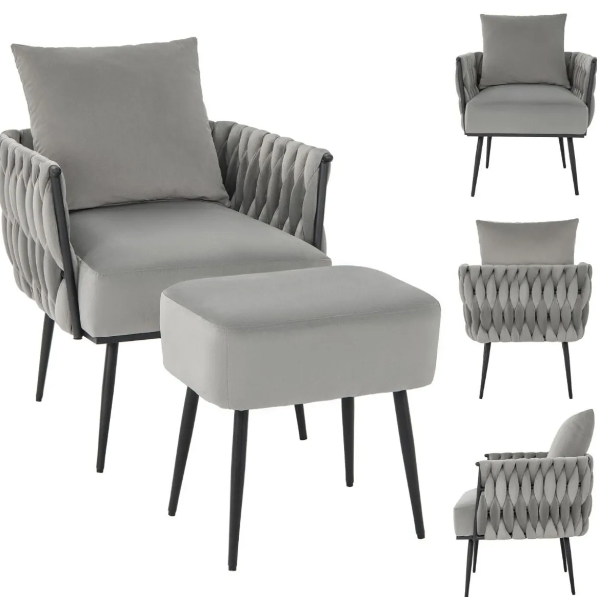 Ohrensessel mit Hocker Sessel mit weichem Kissen geflochtener Rückenlehne 58 cm Sitztiefe Grau