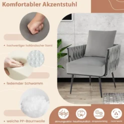 Ohrensessel mit Hocker Sessel mit weichem Kissen geflochtener Rückenlehne 58 cm Sitztiefe Grau
