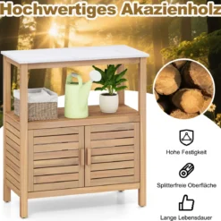 Outdoor-Arbeitstisch Garten-Pflanztisch aus Akazienholz mit Harztischplatte Ablagefach & Schrank Natur