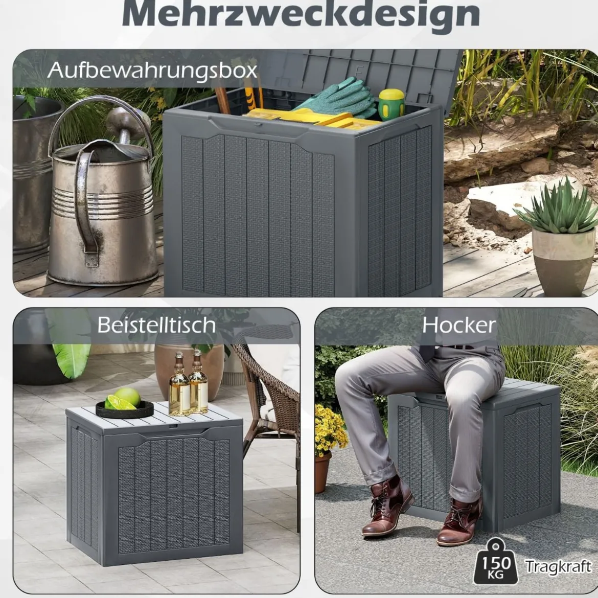 Outdoor-Aufbewahrungsbox 96 L Deckbox mit abschließbarem Deckel Braun/Schwarz/Grau