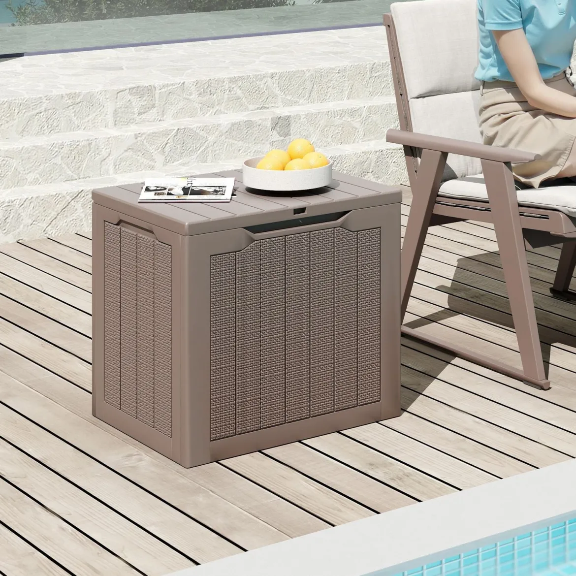 Outdoor-Aufbewahrungsbox 96 L Deckbox mit abschließbarem Deckel Braun/Schwarz/Grau