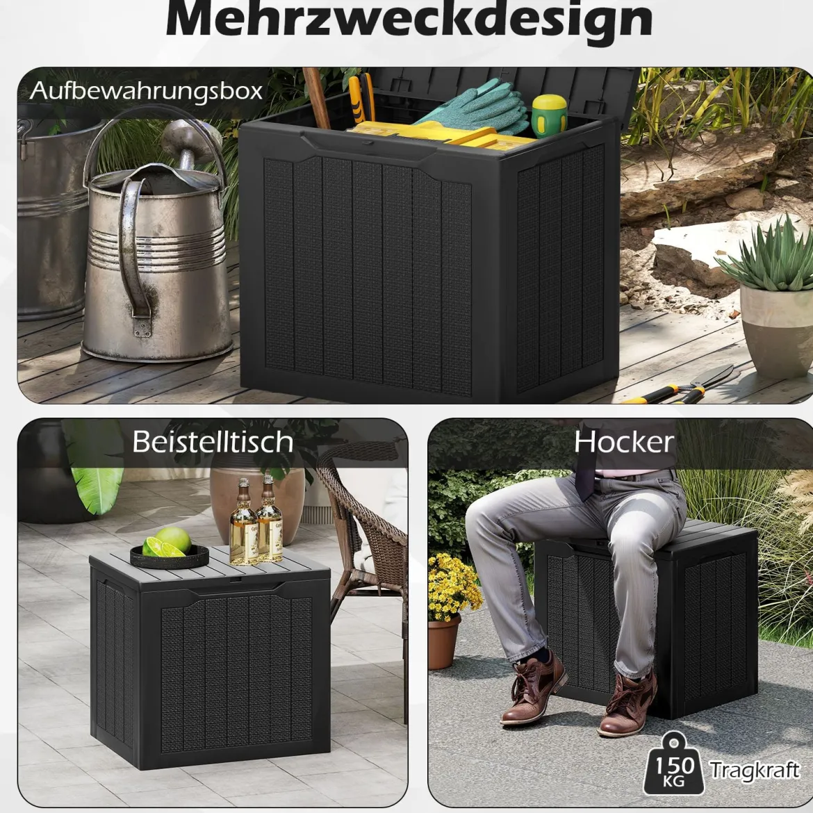 Outdoor-Aufbewahrungsbox 96 L Deckbox mit abschließbarem Deckel Braun/Schwarz/Grau