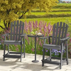 Outdoor Barhocker mit Armlehne & Fußstütze HDPE-Patiostuhl Wetterfester Pub-Hocker Grau