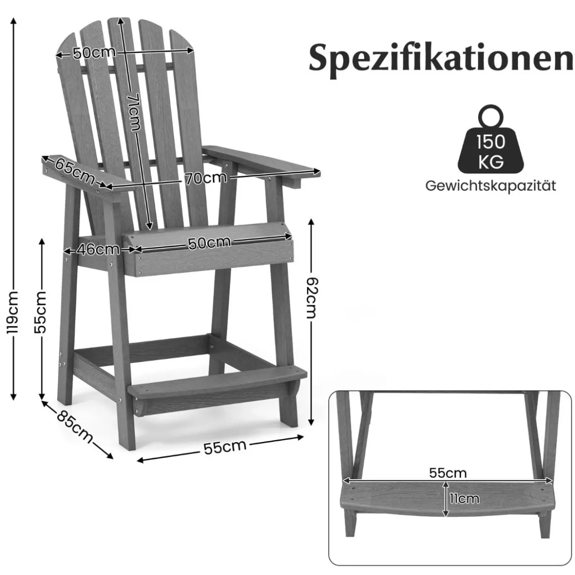Outdoor Barhocker mit Armlehne & Fußstütze HDPE-Patiostuhl Wetterfester Pub-Hocker Grau