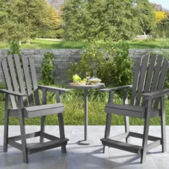 Outdoor Barhocker mit Armlehne & Fußstütze HDPE-Patiostuhl Wetterfester Pub-Hocker Grau
