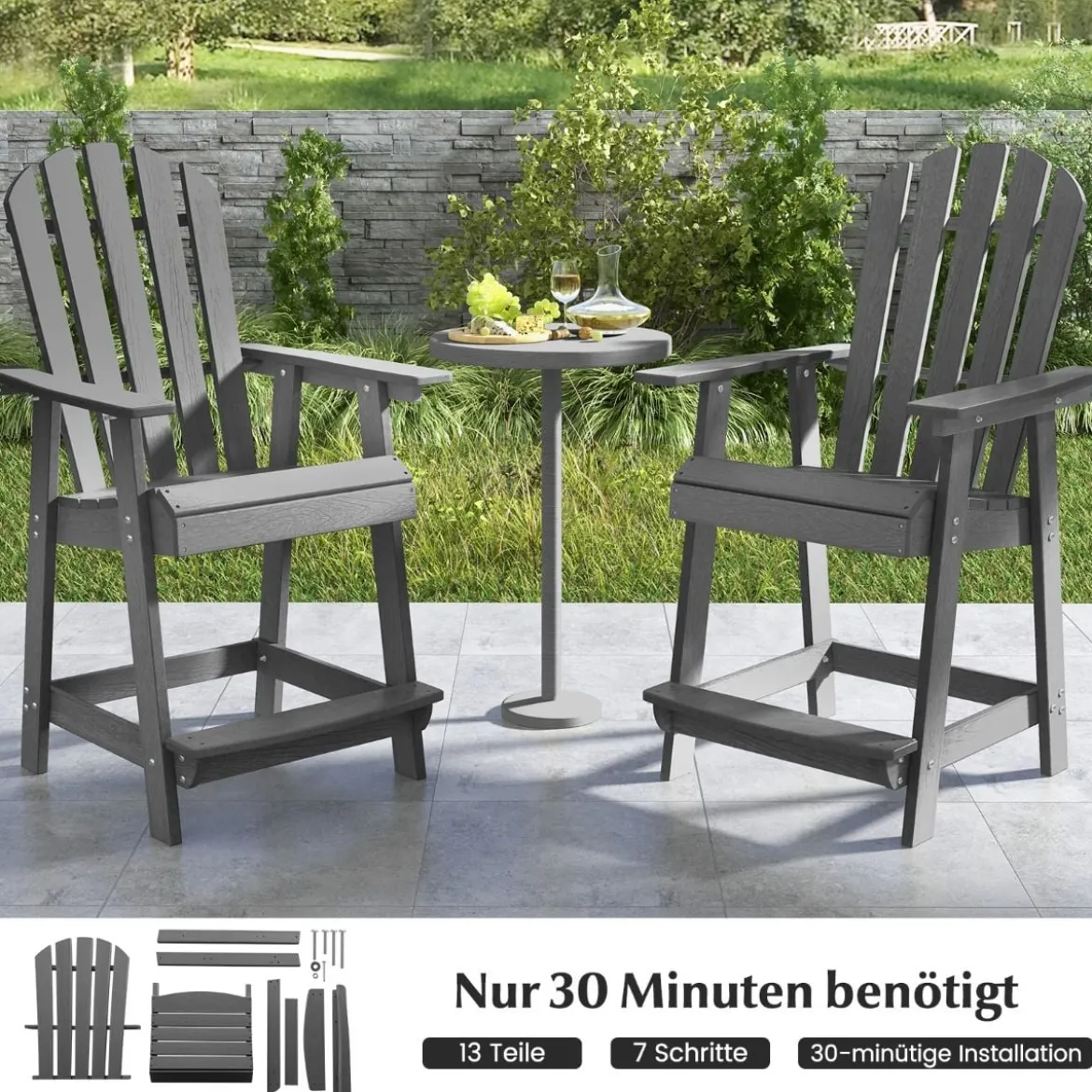 Outdoor Barhocker mit Armlehne & Fußstütze HDPE-Patiostuhl Wetterfester Pub-Hocker Grau