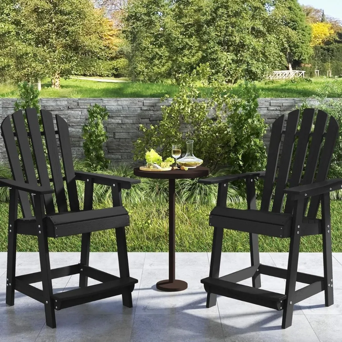 Outdoor Barhocker mit Armlehne & Fußstütze HDPE-Patiostuhl Wetterfester Pub-Hocker Schwarz