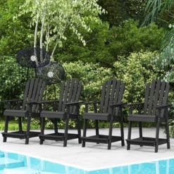 Outdoor Barhocker mit Armlehne & Fußstütze HDPE-Patiostuhl Wetterfester Pub-Hocker Schwarz