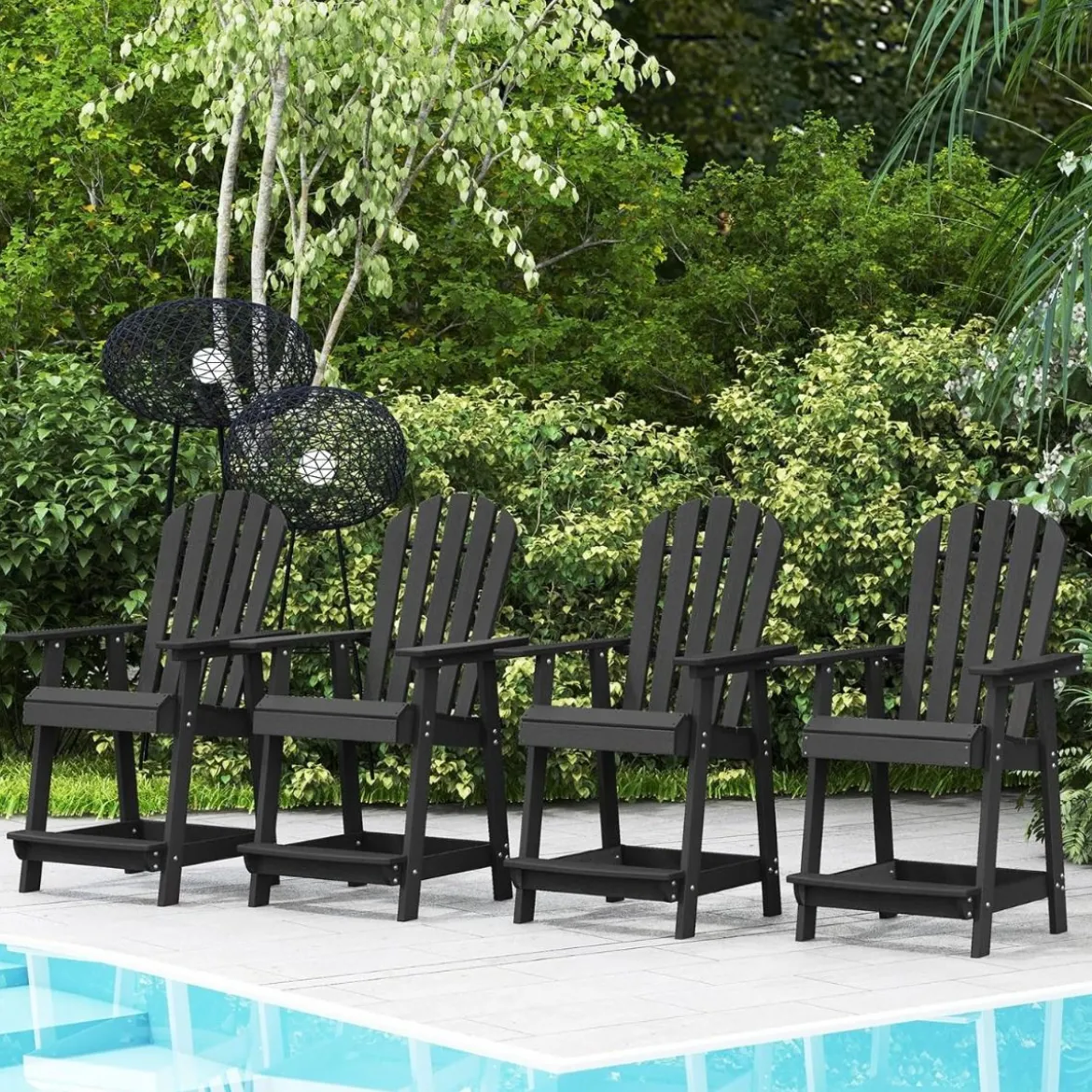 Outdoor Barhocker mit Armlehne & Fußstütze HDPE-Patiostuhl Wetterfester Pub-Hocker Schwarz
