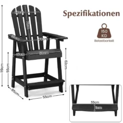 Outdoor Barhocker mit Armlehne & Fußstütze HDPE-Patiostuhl Wetterfester Pub-Hocker Schwarz