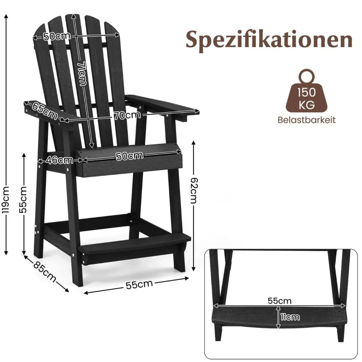Outdoor Barhocker mit Armlehne & Fußstütze HDPE-Patiostuhl Wetterfester Pub-Hocker Schwarz