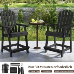 Outdoor Barhocker mit Armlehne & Fußstütze HDPE-Patiostuhl Wetterfester Pub-Hocker Schwarz