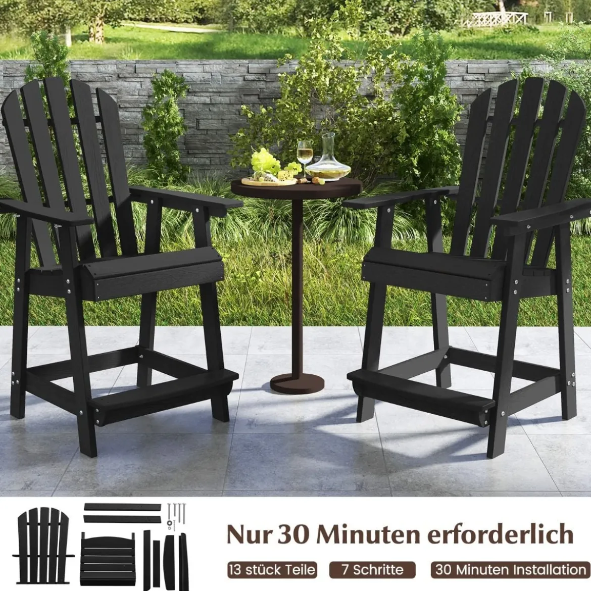 Outdoor Barhocker mit Armlehne & Fußstütze HDPE-Patiostuhl Wetterfester Pub-Hocker Schwarz