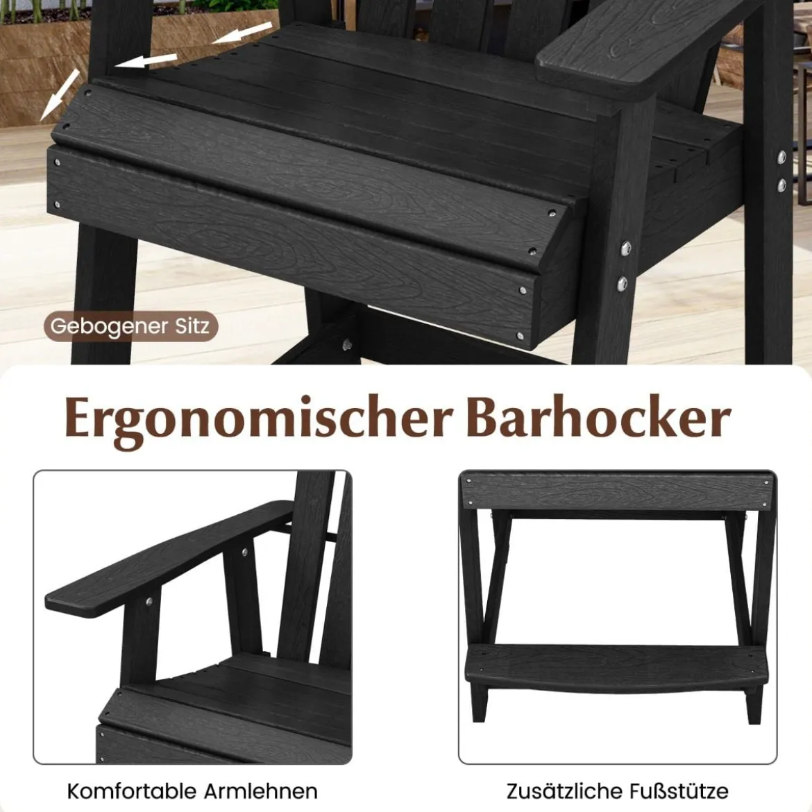 Outdoor Barhocker mit Armlehne & Fußstütze HDPE-Patiostuhl Wetterfester Pub-Hocker Schwarz