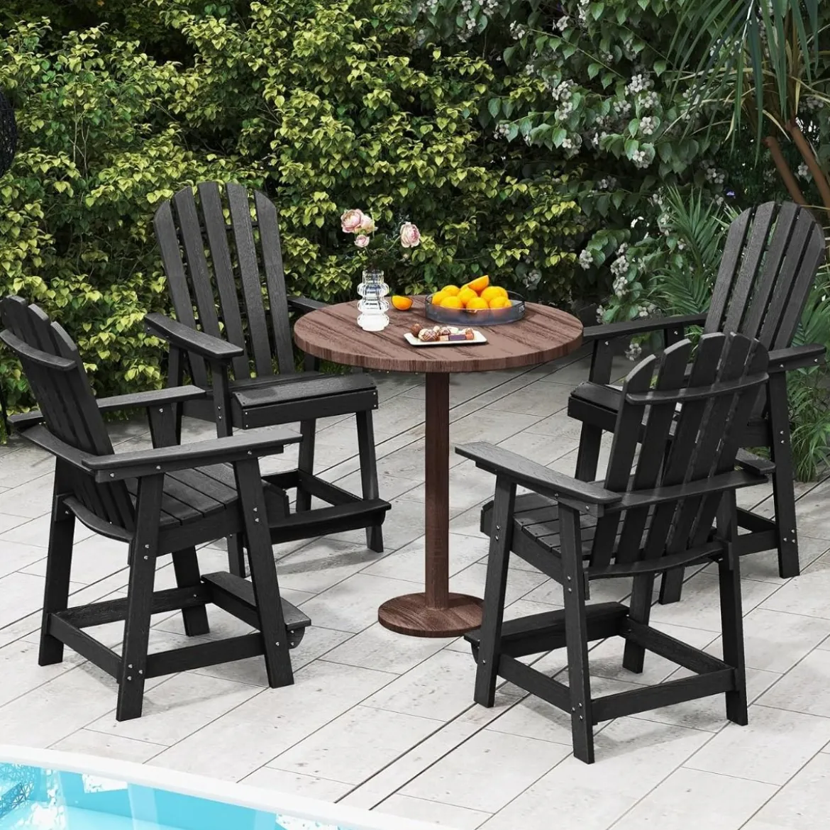 Outdoor Barhocker mit Armlehne & Fußstütze HDPE-Patiostuhl Wetterfester Pub-Hocker Schwarz