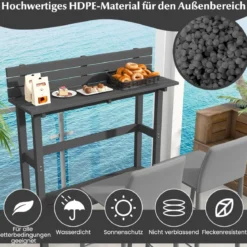 Outdoor Bartisch mit Ablage & Verstellbaren Fußpads Terrassen Hochtisch 122 x 39 x 136 cm Grau