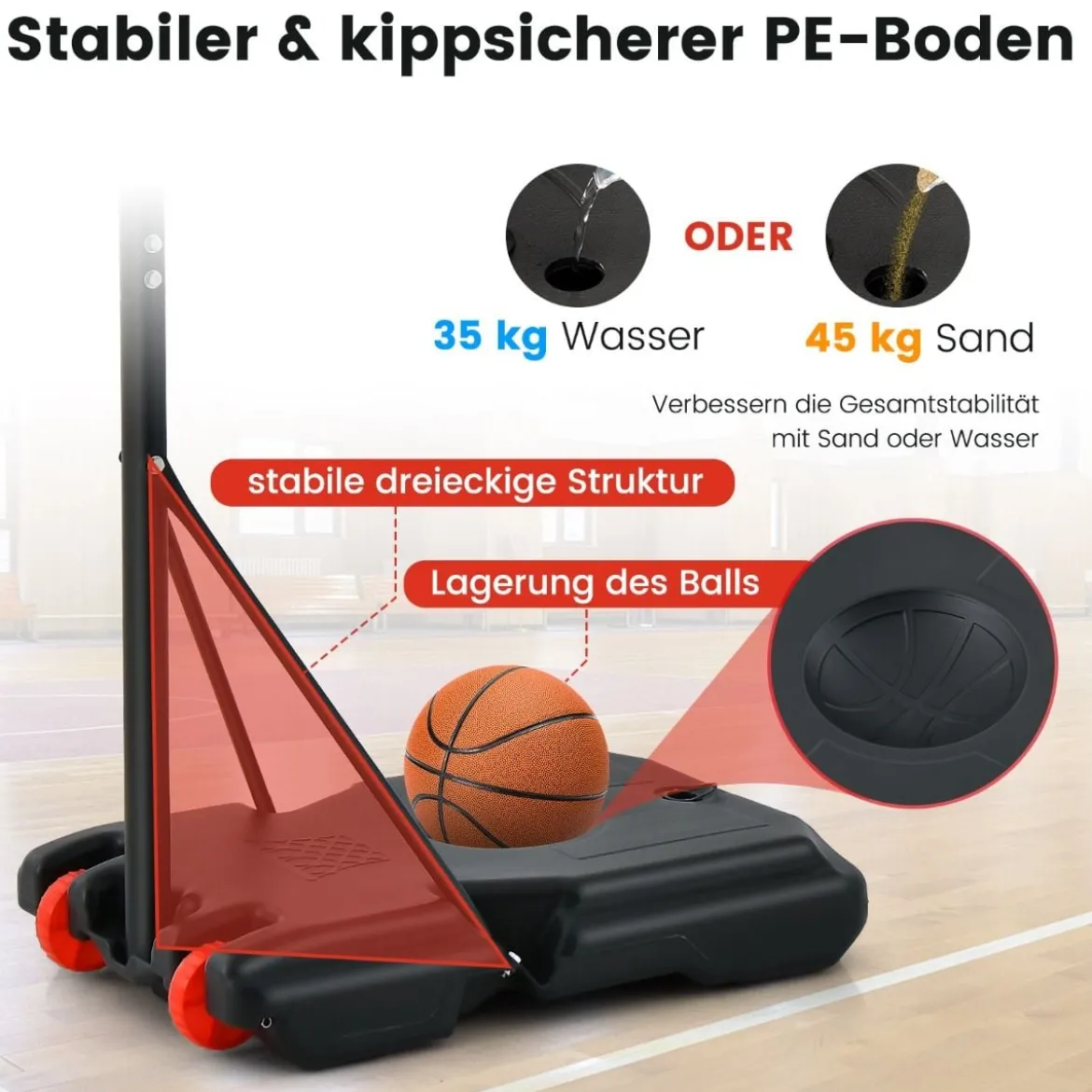 Outdoor Basketballkorb mit Ständer 155-210cm Höhenverstellbarer Basketballständer Schwarz