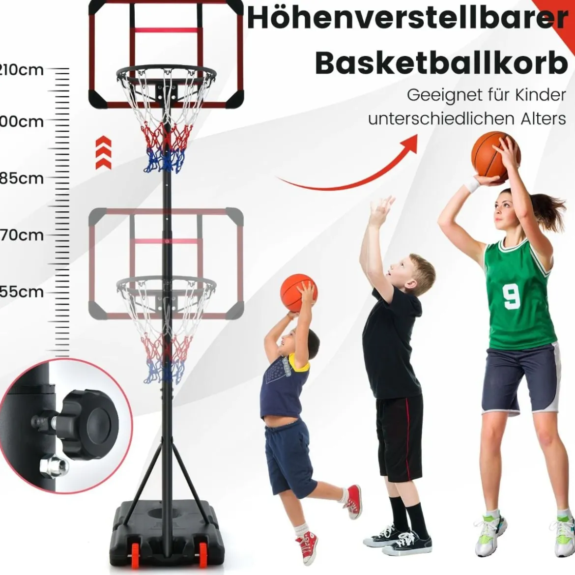 Outdoor Basketballkorb mit Ständer 155-210cm Höhenverstellbarer Basketballständer Schwarz