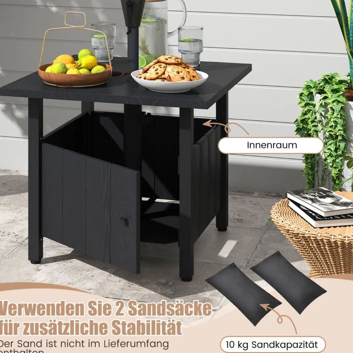 Outdoor Beistelltisch mit Ø48 cm Schirmloch Gartentisch mit 2 Sandsäcken Balkontisch