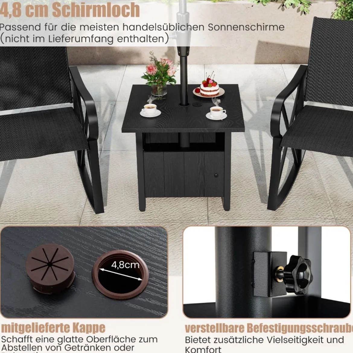 Outdoor Beistelltisch mit Ø48 cm Schirmloch Gartentisch mit 2 Sandsäcken Balkontisch