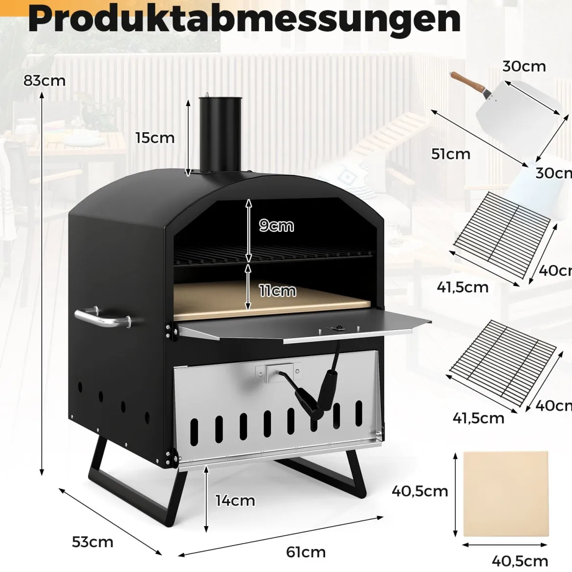 Outdoor 40 cm Holzofen Pizzaofen 2-Schichten Pizza-Maker mit quadratischem Stein Pizzaschaufel Grillrosten Schwarz