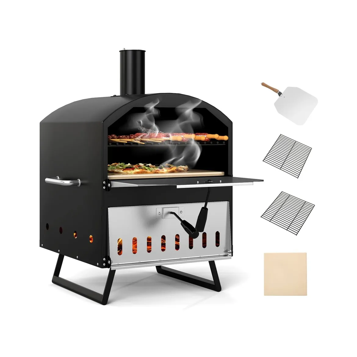 Outdoor 40 cm Holzofen Pizzaofen 2-Schichten Pizza-Maker mit quadratischem Stein Pizzaschaufel Grillrosten Schwarz