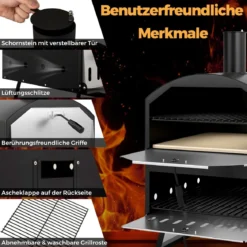 Outdoor 40 cm Holzofen Pizzaofen 2-Schichten Pizza-Maker mit quadratischem Stein Pizzaschaufel Grillrosten Schwarz