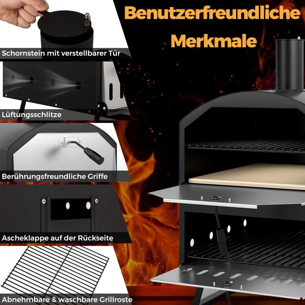 Outdoor 40 cm Holzofen Pizzaofen 2-Schichten Pizza-Maker mit quadratischem Stein Pizzaschaufel Grillrosten Schwarz
